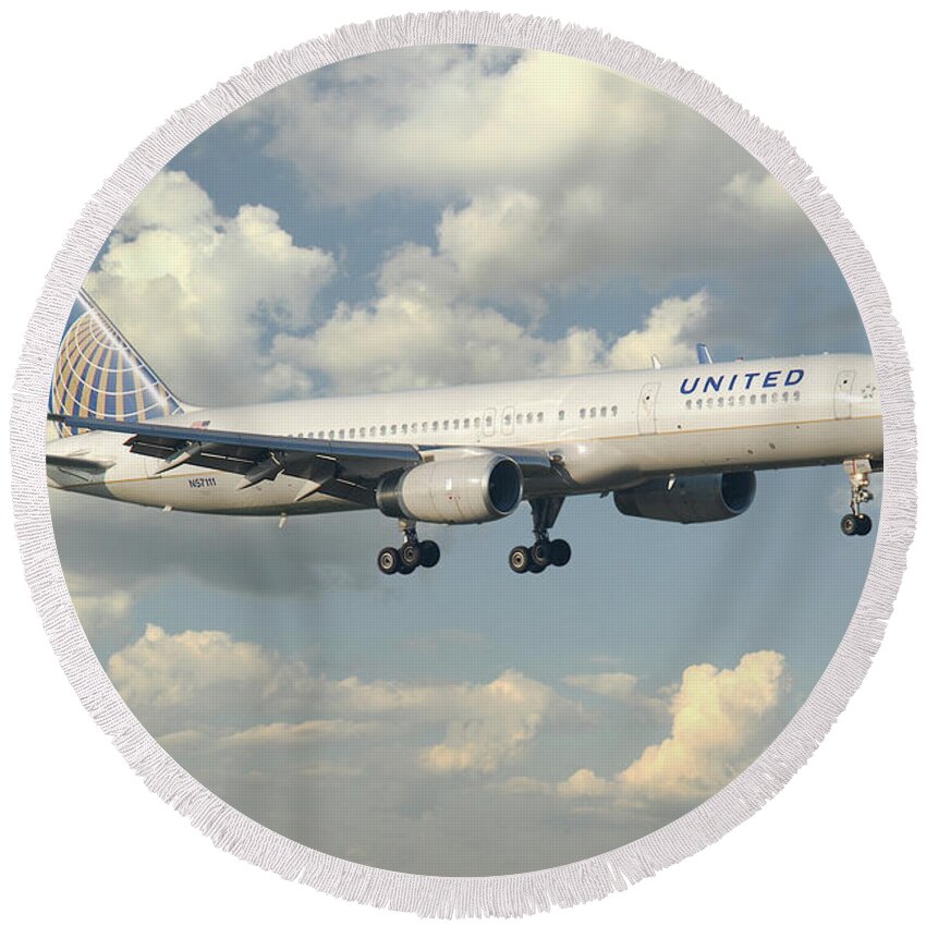 United Round Beach Towel featuring the digital art United Airlines Boeing 757 by Airpower Art