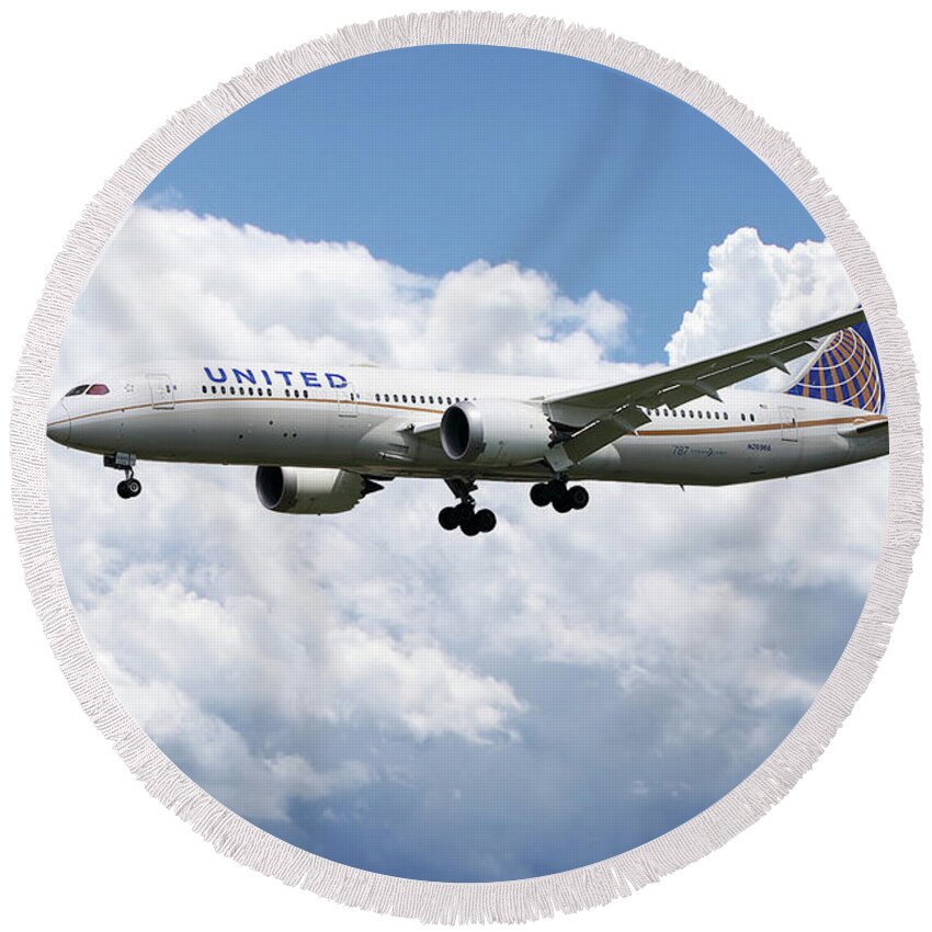 United Round Beach Towel featuring the digital art United Airlines Boeing 777 Dreamliner by Airpower Art