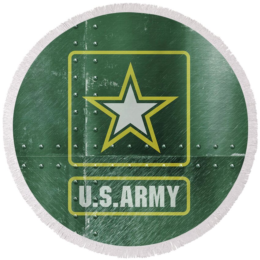 United States Round Beach Towel featuring the mixed media United States Army Logo on Green Steel Tank by Design Turnpike