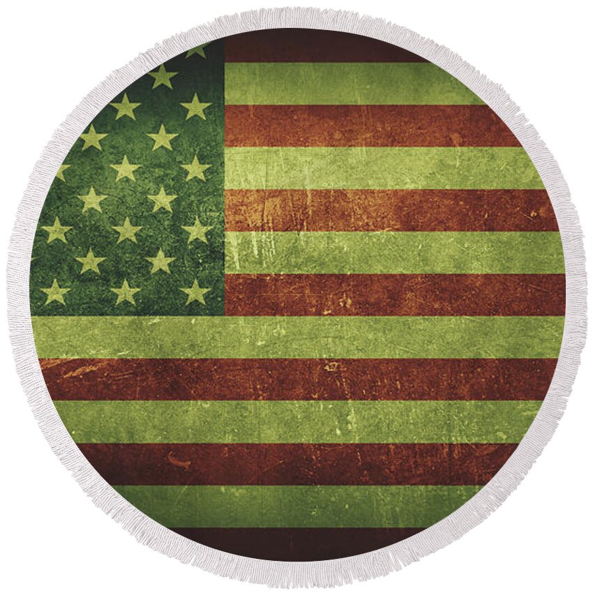 United States Round Beach Towel featuring the painting United States Distressed Flag Dehner by David Dehner