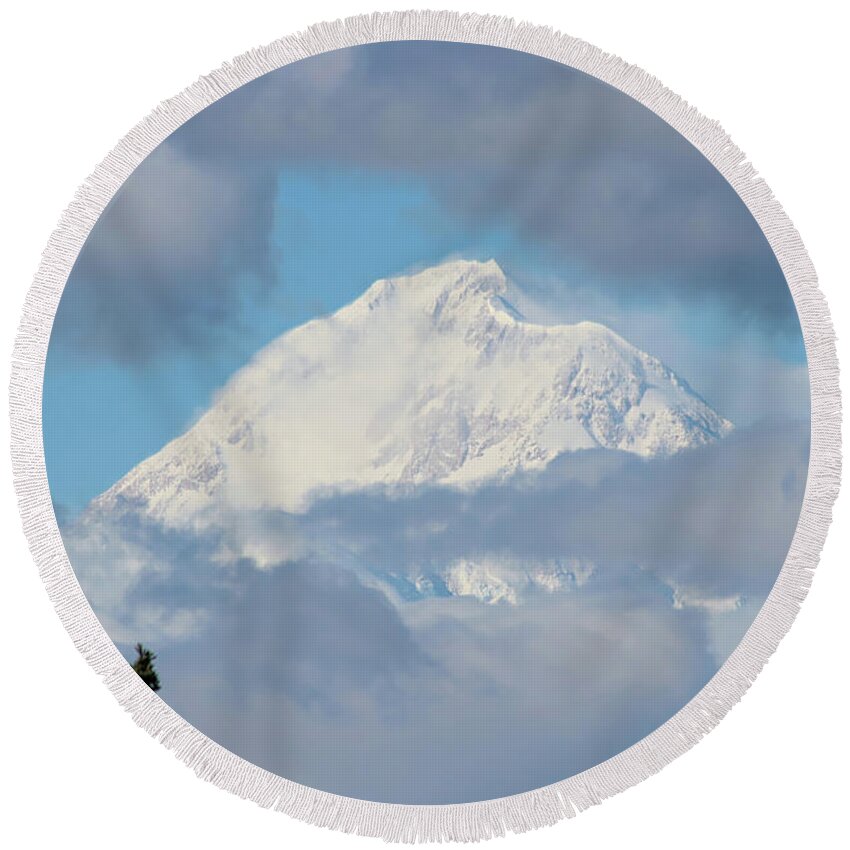 Denali Round Beach Towel featuring the photograph Up In The Clouds by DiDesigns Graphics