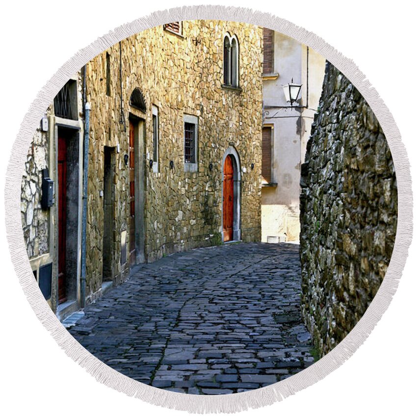 Street View Round Beach Towel featuring the photograph Up The Street Montefioralle Tuscany Italy by Lily Malor