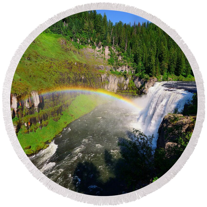 Mesa Falls Round Beach Towel featuring the photograph Upper Mesa Falls by Greg Norrell