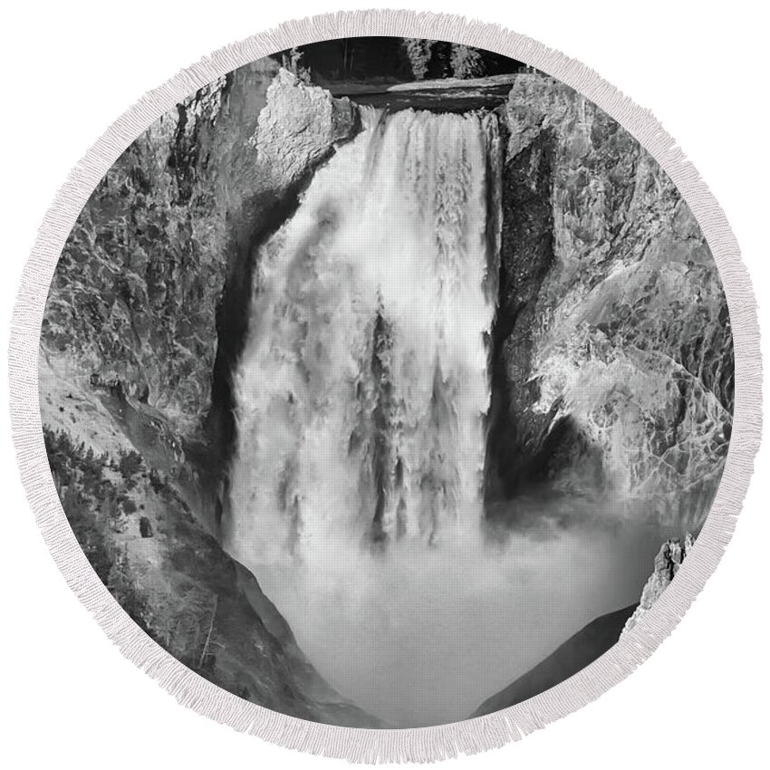 Black White Round Beach Towel featuring the photograph Upper Yellowstone Falls in Black and White by James BO Insogna