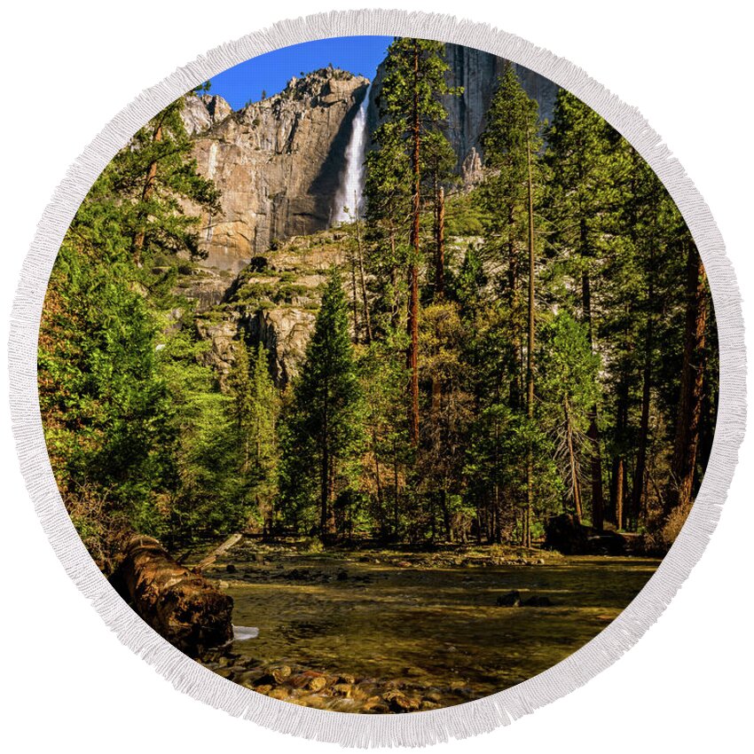 California Round Beach Towel featuring the photograph Upper Yosemite Falls from Yosemite Creek by John Hight