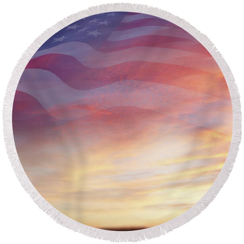 American Flag Round Beach Towel featuring the digital art U.S. flag in sky 1 by Les Cunliffe