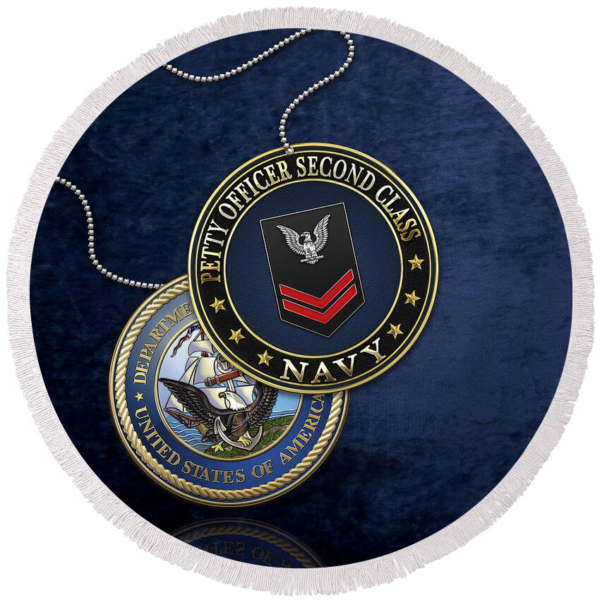Military Insignia 3d By Serge Averbukh Round Beach Towel featuring the digital art U.S. Navy Petty Officer Second Class - PO2 Rank Insignia over Blue Velvet by Serge Averbukh
