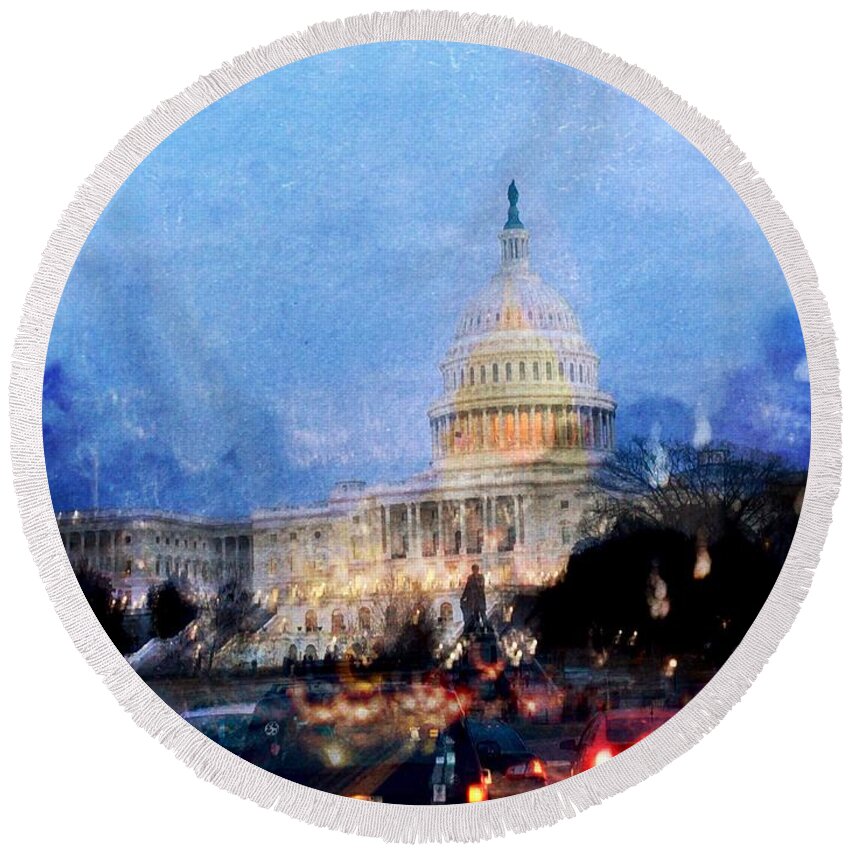 Building Round Beach Towel featuring the digital art US State Capitol by Julius Reque