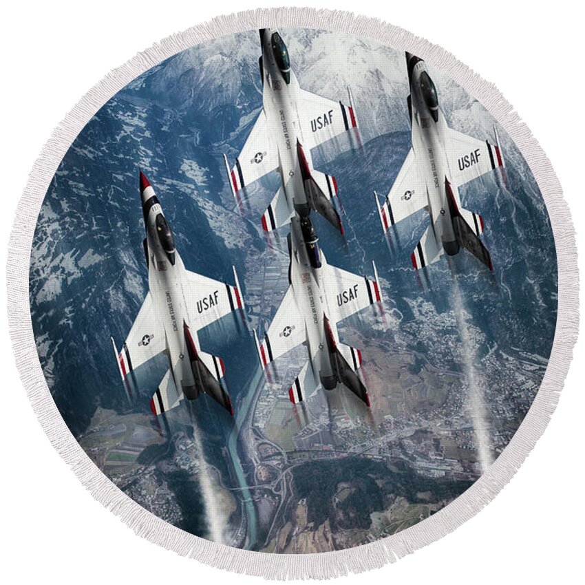 Thunderbirds Round Beach Towel featuring the digital art USAF Thunderbirds by Airpower Art