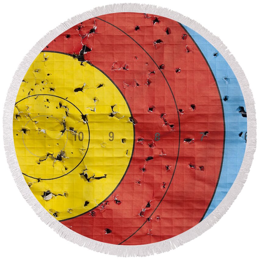 Archery Round Beach Towel featuring the photograph Used archery target close up by Simon Bratt