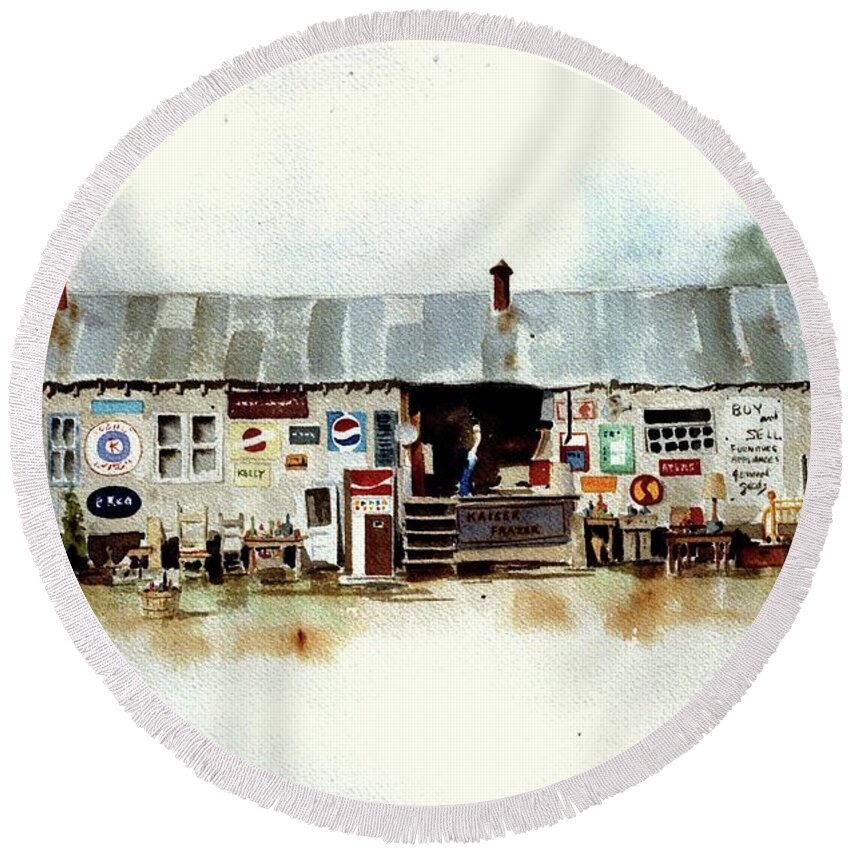 Watercolor Rendering Of Roadside Used Furniture Store. Round Beach Towel featuring the painting Used Furniture by William Renzulli