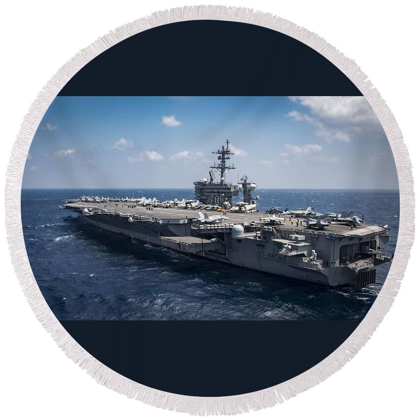Military Round Beach Towel featuring the painting USS Carl Vinson CVN 70 , by US Navy, Military by Celestial Images