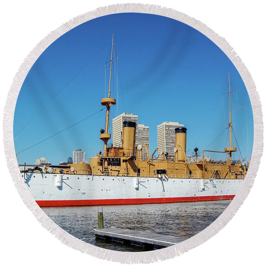 Battleship Round Beach Towel featuring the photograph USS Olympia Dreadnought by Tommy Anderson