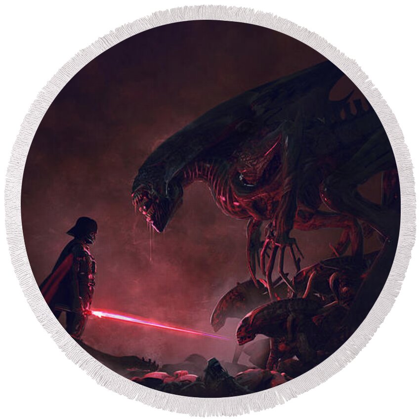 Star Wars Round Beach Towel featuring the digital art Vader vs aliens 4 by Exar Kun