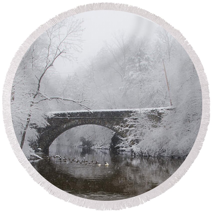 Valley Round Beach Towel featuring the photograph Valley Green Bridge in the Snow by Bill Cannon