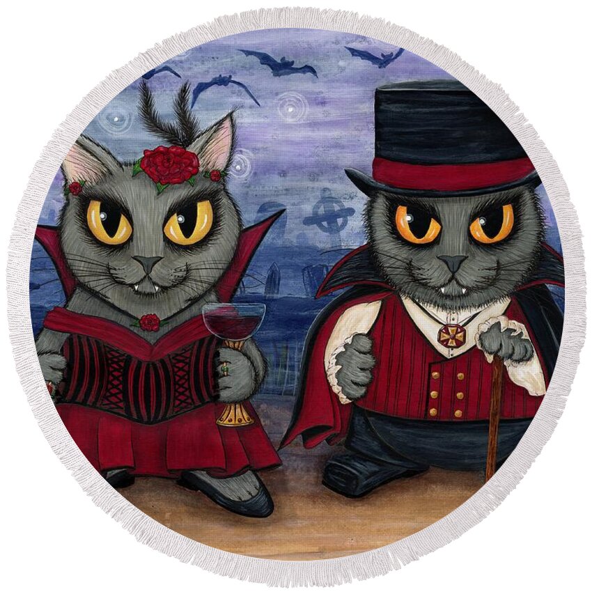 Grey Cat Round Beach Towel featuring the painting Vampire Cat Couple by Carrie Hawks