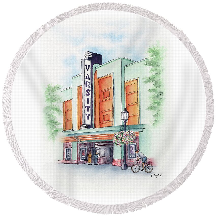 Old Theater Round Beach Towel featuring the painting Varsity on Main by Lori Taylor