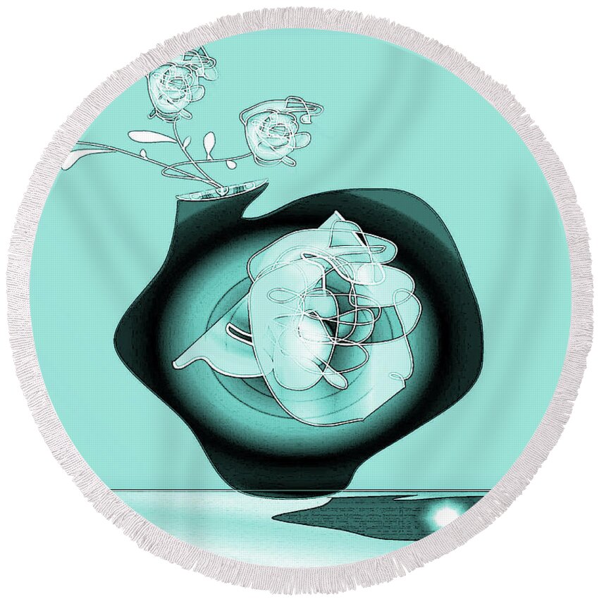 Drawing Round Beach Towel featuring the digital art Vase and Flowers 3 by Iris Gelbart