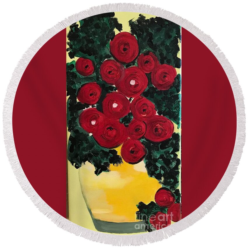 Original Art Work Round Beach Towel featuring the painting Vase of Red Flowers by Theresa Honeycheck