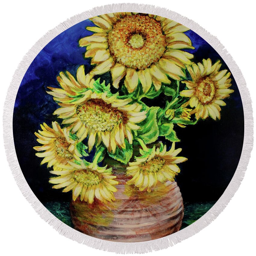Flowers Round Beach Towel featuring the painting Vase of Sunflowers by Karl Wagner