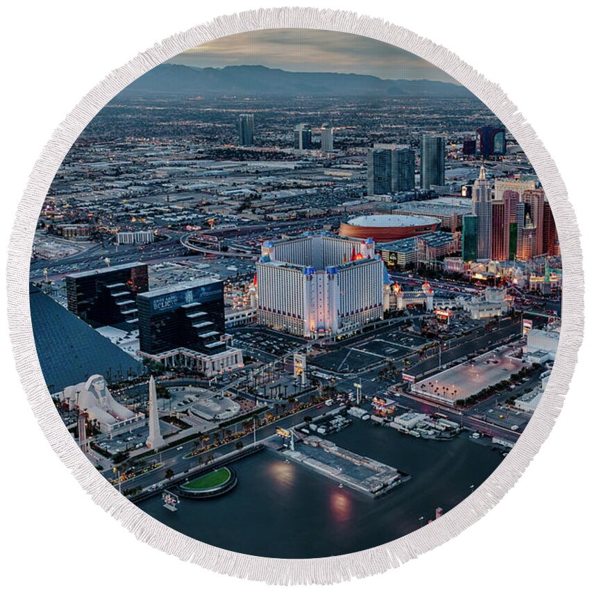 Las Vegas Round Beach Towel featuring the photograph Vegas Strip Aerial by Susan Candelario