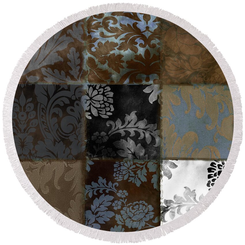 Blue And Brown Round Beach Towel featuring the painting Velvet Patch Cocoa and Blue by Mindy Sommers