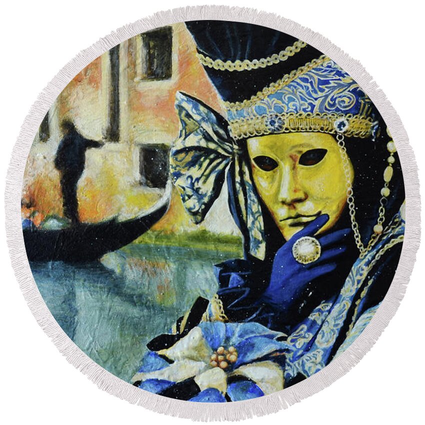 Venetian Mask Round Beach Towel featuring the painting Venetian Mask and Gondola by Elaine Berger