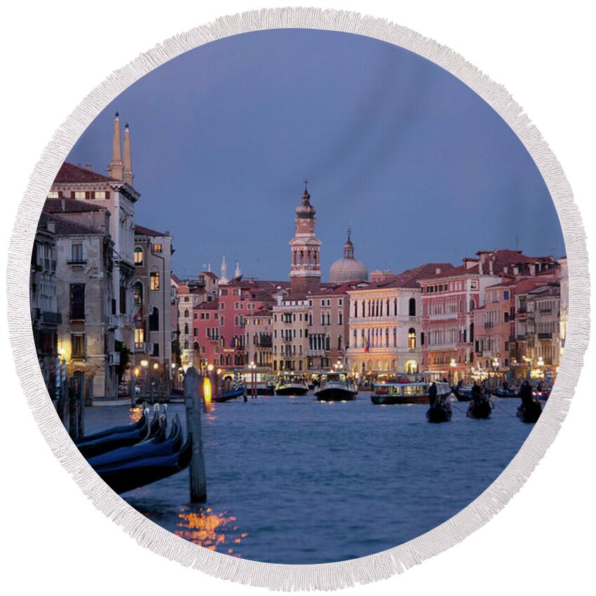 Venice Round Beach Towel featuring the photograph Venice Blue Hour 2 by Heiko Koehrer-Wagner