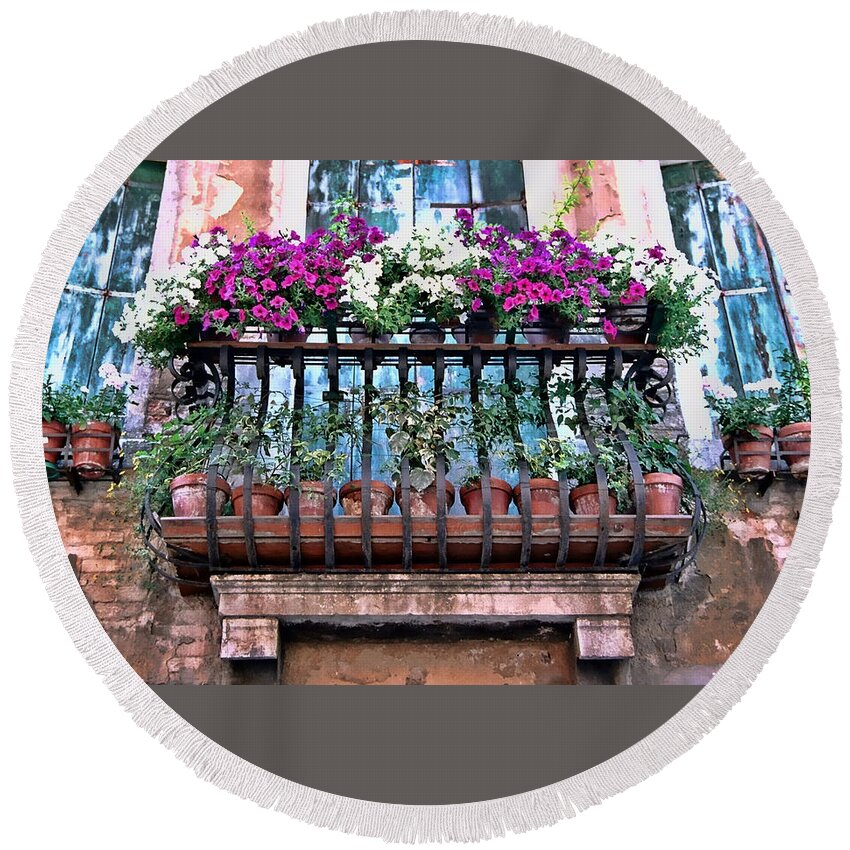 Europe Round Beach Towel featuring the photograph Venice Flower Balcony by Allen Beatty