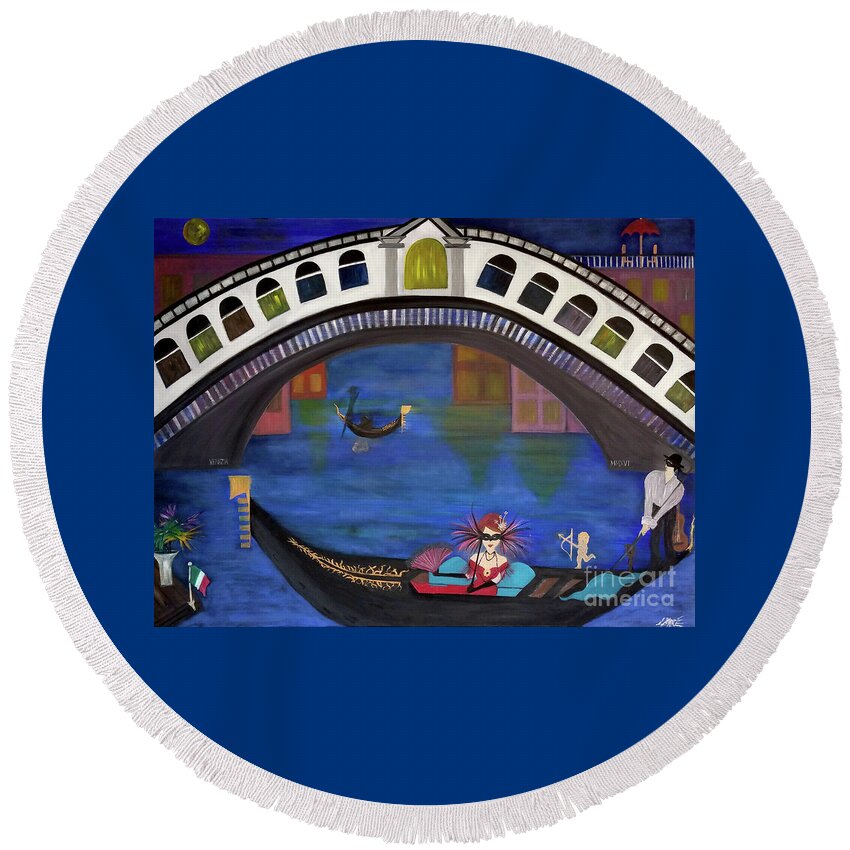 Gondola Round Beach Towel featuring the painting Venice Gondola By Night by Artist Linda Marie