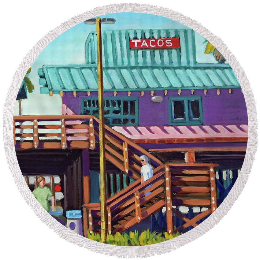 Ventura Round Beach Towel featuring the painting Ventura Pier - Tacos by Kevin Hughes