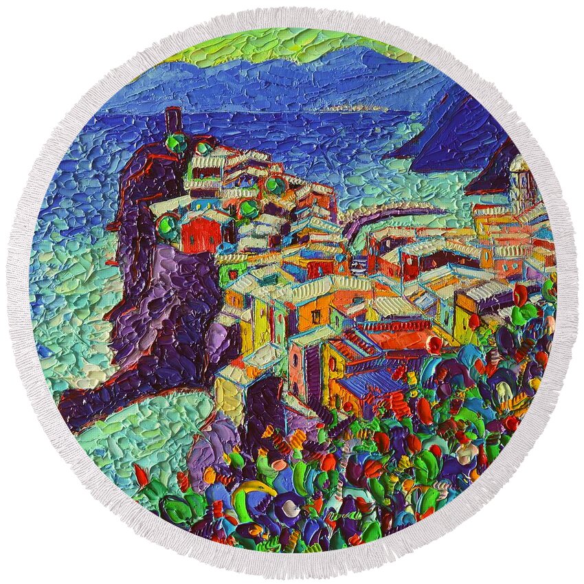 Vernazza Round Beach Towel featuring the painting Vernazza Cinque Terre Italy 2 Modern Impressionist Palette Knife Oil Painting By Ana Maria Edulescu by Ana Maria Edulescu