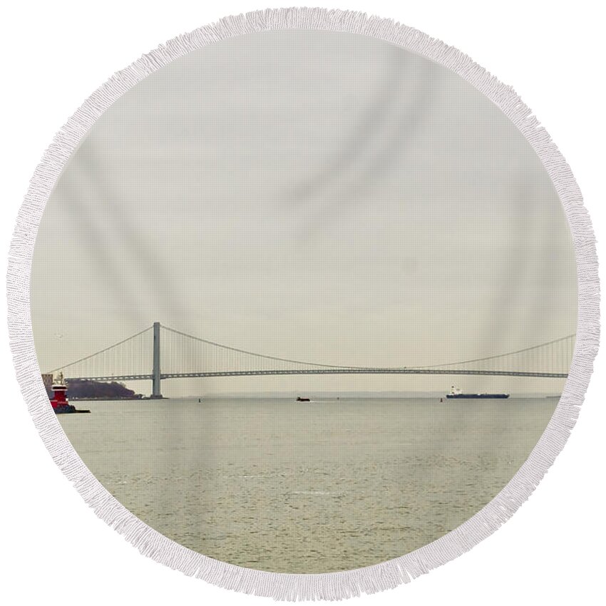 Verrazano Round Beach Towel featuring the photograph Verrazano Bridge. by Elena Perelman