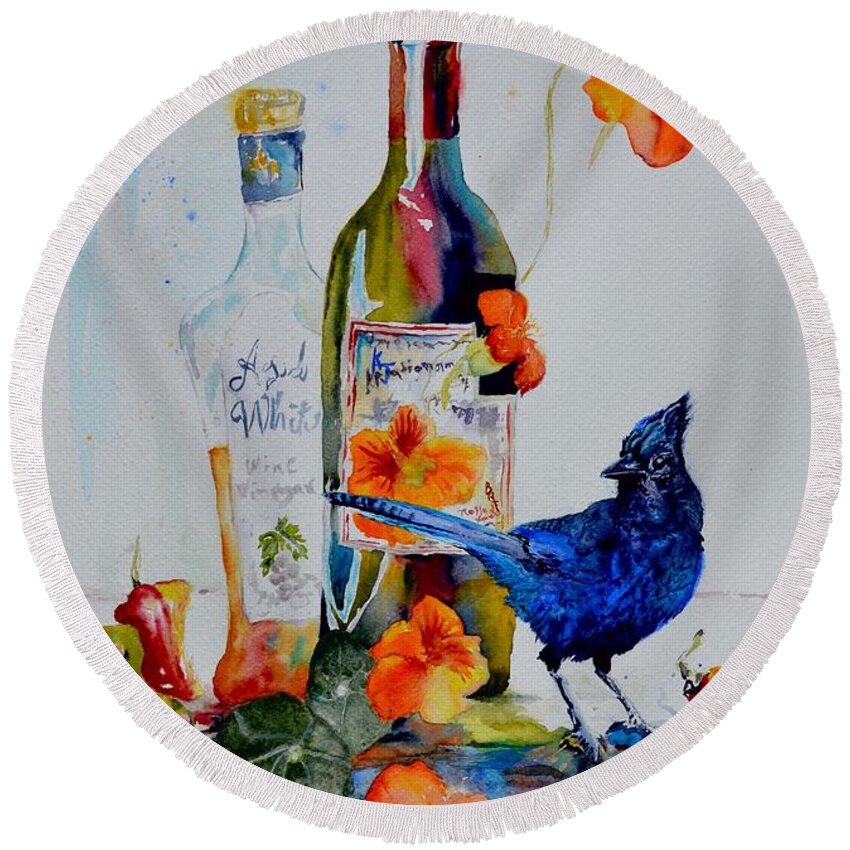 Till Life Wth Steller's Jay Round Beach Towel featuring the painting Still Life With Steller's Jay by Beverley Harper Tinsley