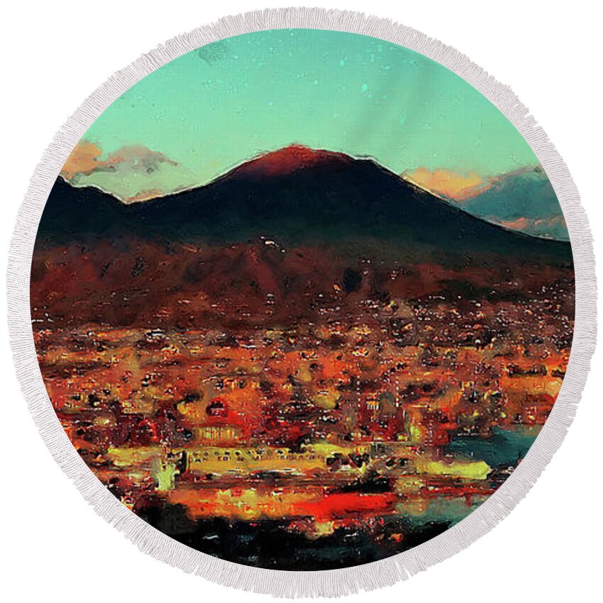 Gulf Of Naples Round Beach Towel featuring the painting Vesuvio, panorama from Naples - 01 by AM FineArtPrints