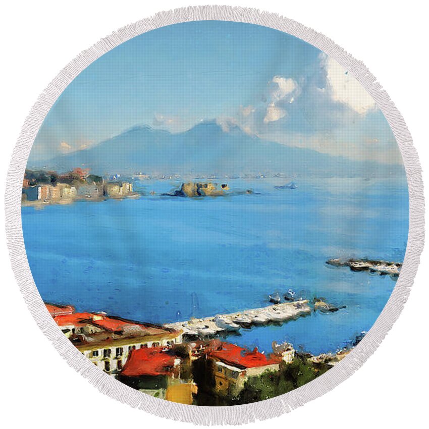 Gulf Of Naples Round Beach Towel featuring the painting Vesuvio, panorama from Naples - 02 by AM FineArtPrints