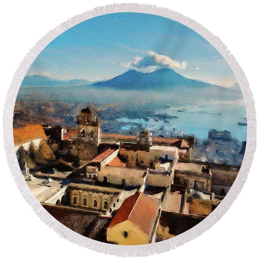 Gulf Of Naples Round Beach Towel featuring the painting Vesuvio, panorama from Naples - 03 by AM FineArtPrints