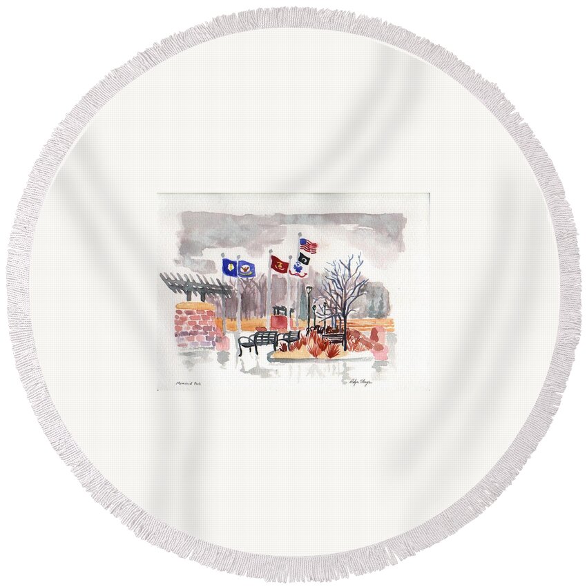 Flags Round Beach Towel featuring the painting Veteran's Memorial Park by Rodger Ellingson