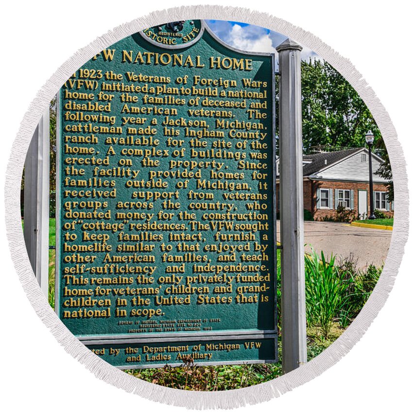 Vfw National Home Round Beach Towel featuring the photograph VFW Home Historical Site Sign by Grace Grogan