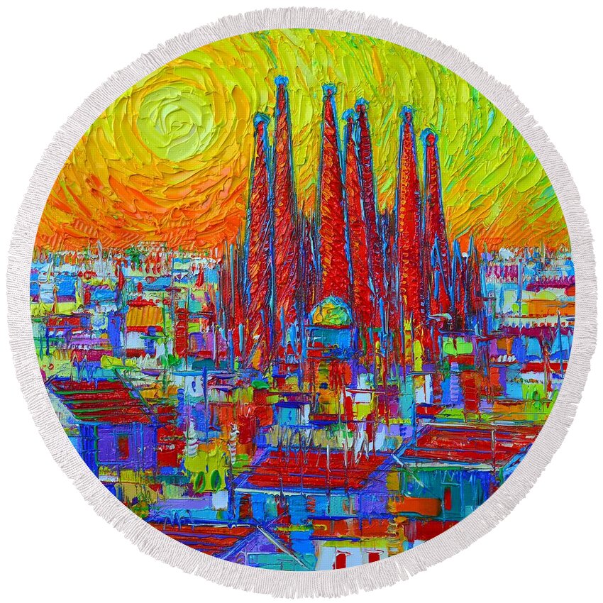  Round Beach Towel featuring the painting VIBRANT BARCELONA modern impressionist abstract city impasto knife oil painting Ana Maria Edulescu by Ana Maria Edulescu