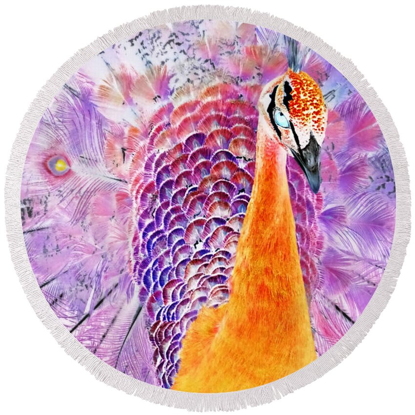 Vibrant Peacock Round Beach Towel featuring the photograph Vibrant Peacock by Dark Whimsy