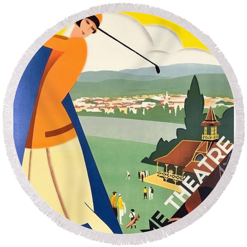 Vichy Round Beach Towel featuring the painting Vichy, sport tourism, woman play golf by Long Shot
