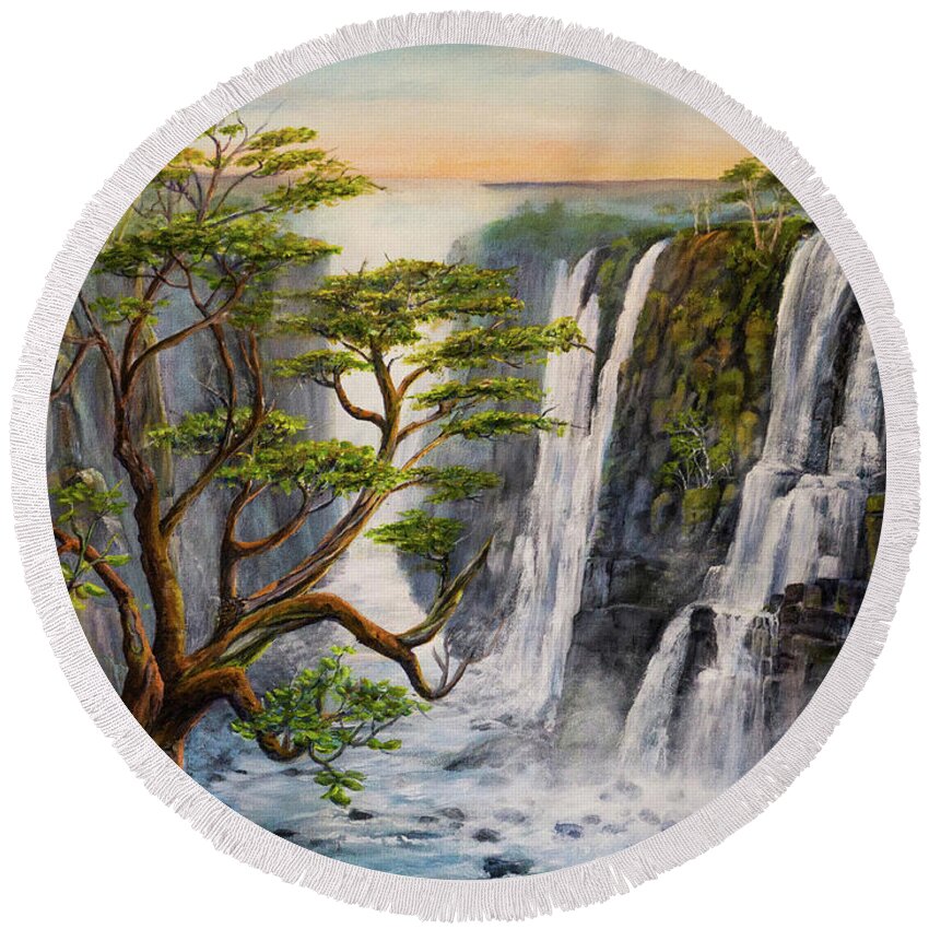 Waterfalls Round Beach Towel featuring the painting Victoria Falls Zimbabwe by Wayne Enslow