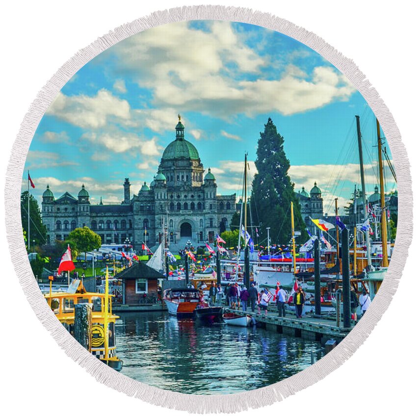 Boats Round Beach Towel featuring the photograph Victoria Harbor Boat Festival by Jason Brooks