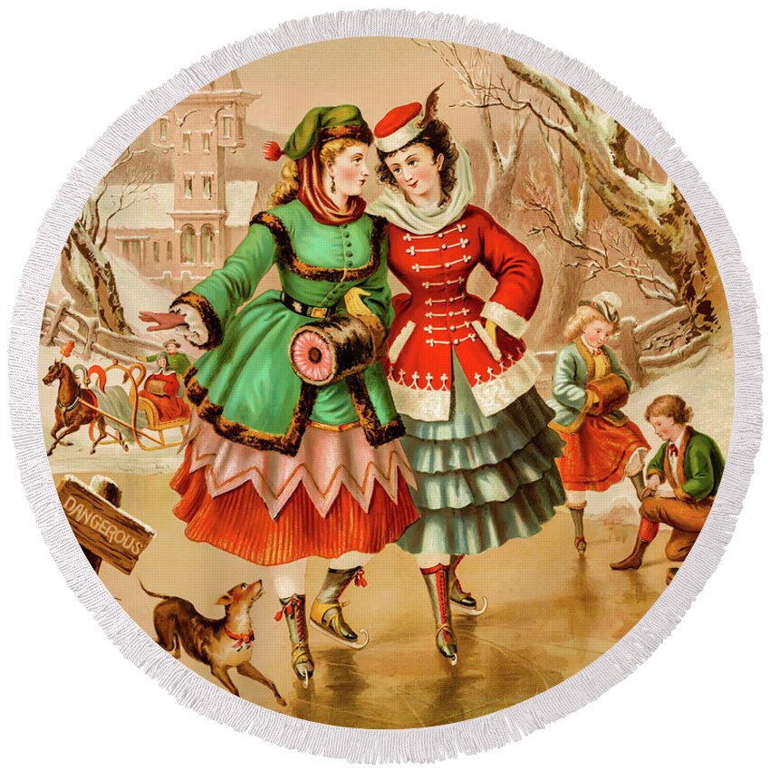 Christmas Round Beach Towel featuring the photograph Victorian Ice Skaters by David Letts