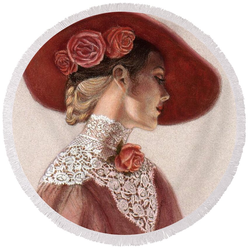 Victorian Lady Round Beach Towel featuring the painting Victorian Lady in a Rose Hat by Sue Halstenberg