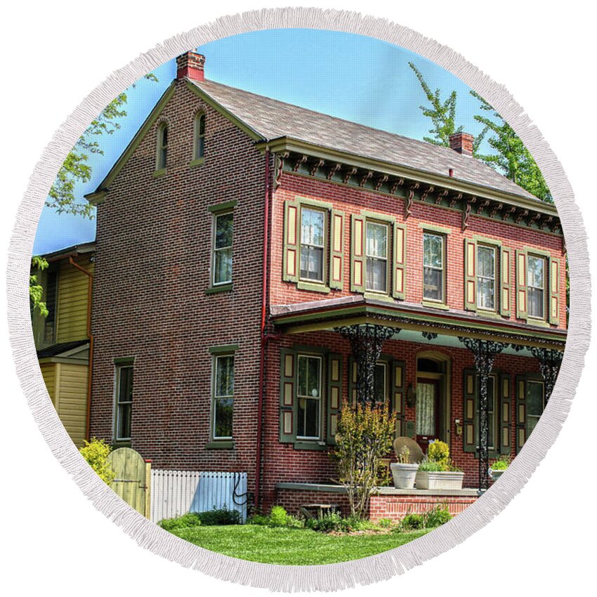 Borough Of West Chester Round Beach Towel featuring the photograph Victorian Style Brick House by Sandy Moulder