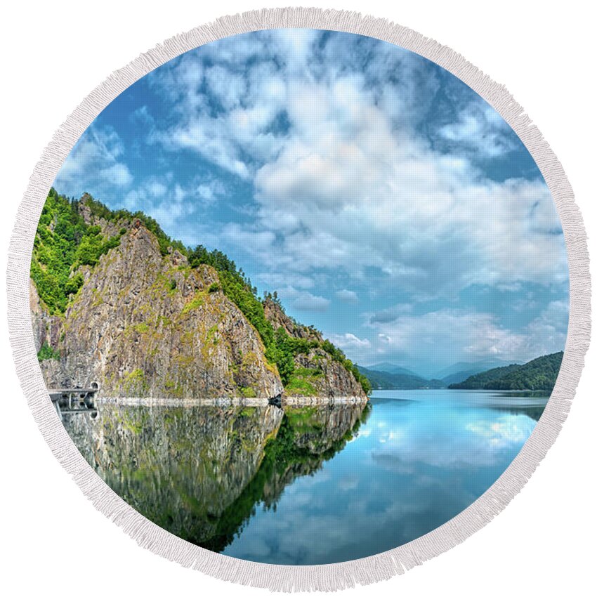 Romania Round Beach Towel featuring the photograph Vidraru Lake by Mihai Andritoiu