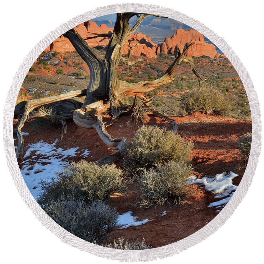 Arches National Park Round Beach Towel featuring the photograph View along Park Road in Arches National Park by Ray Mathis
