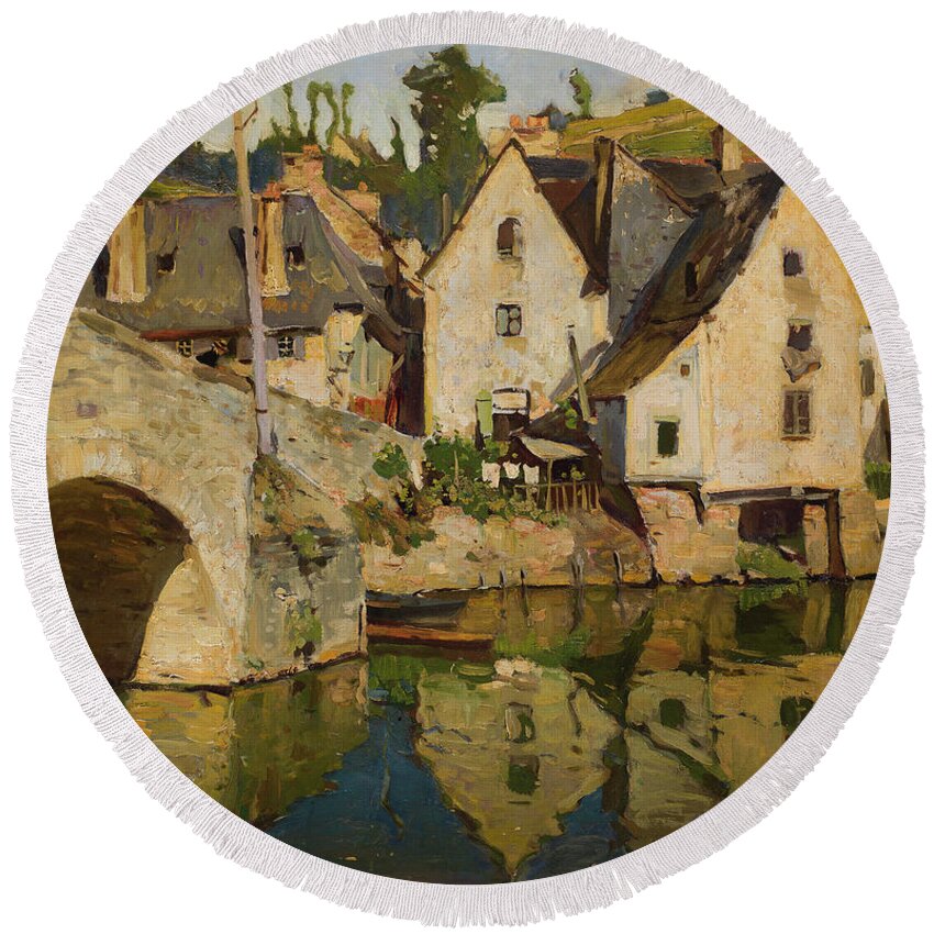 Westchilov Round Beach Towel featuring the painting View of Dinan by MotionAge Designs